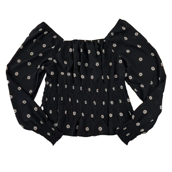 NWT Madewell Black Floral Print Square-Neck Smock-Waist Top - Picture 1 of 10